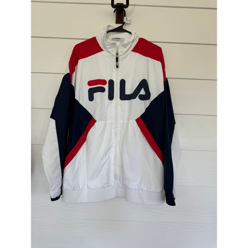 #A- 025- Fila Mens Windbreaker Jacket White Navy Red Colorblock Full Zip Large